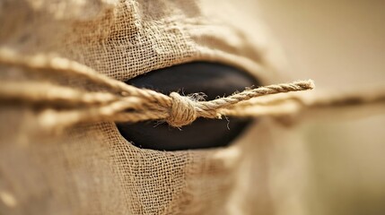 Poster - Close Up of a Rustic Cloth with Twisted Rope Tied Around a Hidden Object : Generative AI