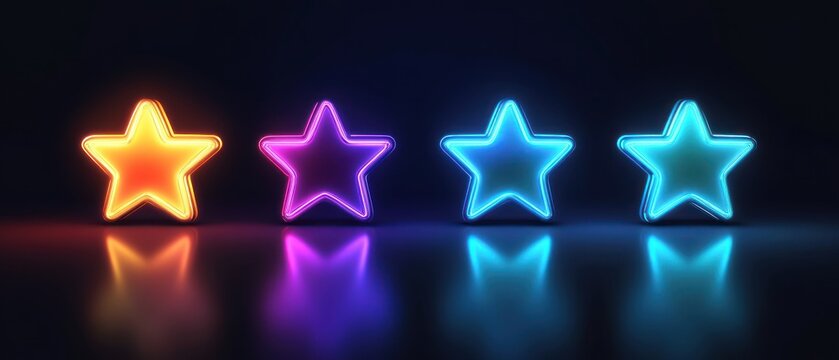 glowing neon five stars on a dark background with a reflection, a flat design vector illustration poster or banner template for reviews