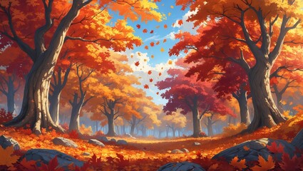 Wall Mural - vibrant autumn forest with colorful foliage and falling leaves in a serene natural setting