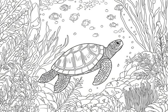 Adult colouring page with a turtle. Outline intricate underwater design.