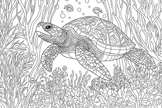 Adult colouring page with a turtle. Outline intricate underwater design.