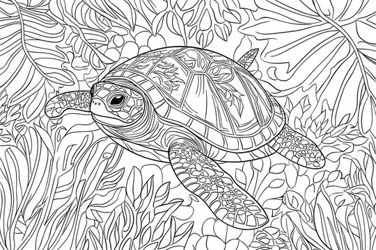 Adult colouring page with a turtle. Outline intricate underwater design.