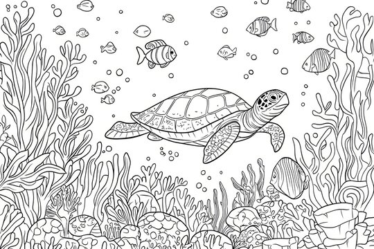 Adult colouring page with a turtle. Outline intricate underwater design.