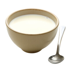 Poster - Creamy milk in beige bowl with silver spoon, perfect for breakfast or cooking. This captures simplicity and freshness of dairy products