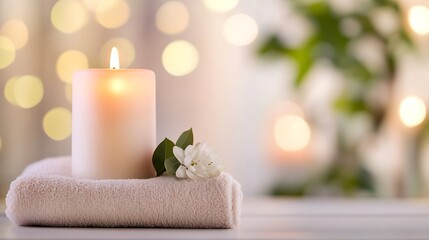 Fototapete - Tranquil Candlelight Scene with a Lit Candle and Delicate White Flower Over Soft Towel : Generative AI