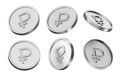 Aufkleber - ruble currency 3d illustration. set of coins in different view. 3d rendering of metallic coins for business and finance