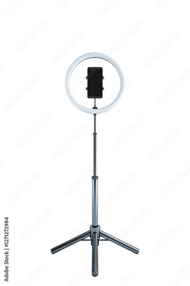 Ring light with smartphone holder on tripod stand, isolated on white ...