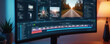 © Vadym - Close-up of curved monitor screen displaying photo video editing process with modern software interface. Digital montage, film production, media content creation. Freelancer studio table with pro