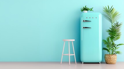 Teal Retro Refrigerator and Pink Stool in Minimalist Light Blue Room