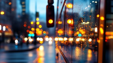 Poster - Moody urban evening scene depicting wet city streets shimmering with vibrant light reflections : Generative AI