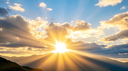 Poster - Stunning sunset view with rays of light breaking through clouds over majestic mountains creating a serene landscape : Generative AI