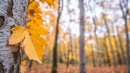 Aufkleber - Stunning autumn leaves on a birch tree with blurred forest backdrop in golden hues : Generative AI