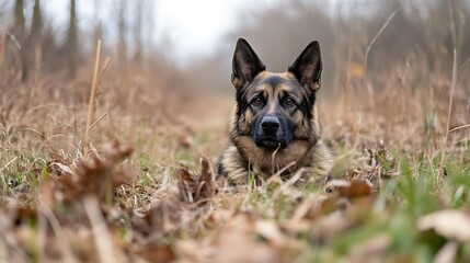 Poster - Loyal German Shepherd dog resting in tall grass surrounded by nature showcasing its beauty and serenity : Generative AI