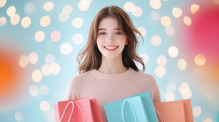 Poster - a young woman smiling as she holds multiple shopping bags, walking down a busy street lined with ret