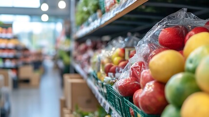 Poster - Vibrant fresh fruits neatly arranged on a supermarket shelf inviting healthy choices : Generative AI