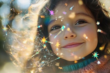 Charming young girl smiling with sparkling magic effects in her hair, featuring warm autumn colors and a joyful atmosphere