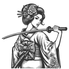 Wall Mural - samurai woman in a kimono with katana, adorned with intricate details sketch engraving generative ai fictional character raster illustration. Scratch board imitation. Black and white image.