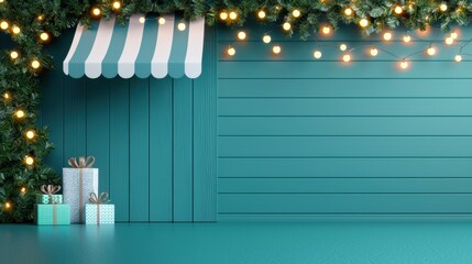 Poster - a festive storefront decorated for christmas with twinkling lights, garlands, and a sign announcing 