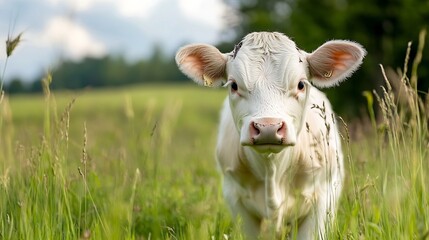 Poster - Charming young calf standing in a lush green field surrounded by nature's beauty : Generative AI