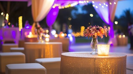 Poster - Elegant decorated event space with flowers and warm light creating inviting atmosphere for gathering : Generative AI