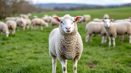 Poster - Cute fluffy sheep standing in green meadow surrounded by herd grazing peacefully : Generative AI