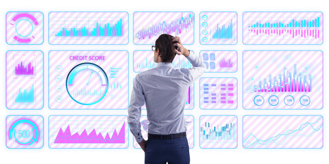 Wall Mural - Businessman in rear view scratching head while analyzing financial charts on futuristic digital interface, isolated on white background