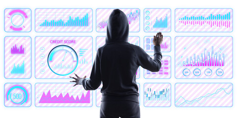 Leinwandbilder - anonymous hacker in hoodie accessing digital financial interface with futuristic graphs and charts, 