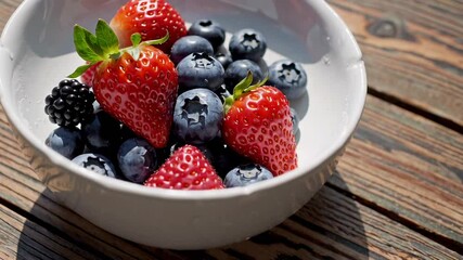 Poster - Fresh strawberries, blueberries, and blackberries, creating a colorful and healthy mix in a bowl, resting on a rustic wooden table, captured in a slow motion sequence