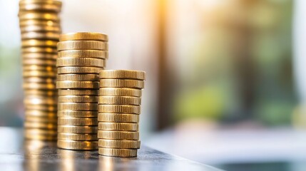 Leinwandbilder - Close up view of shiny stacks of gold coins arranged in a modern setting with soft light : Generative AI