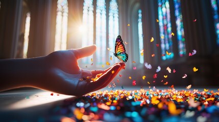 Poster - A stained glass window bathed in sunlight, casting a kaleidoscope of vibrant colors across the interior of a gothic cathedral.