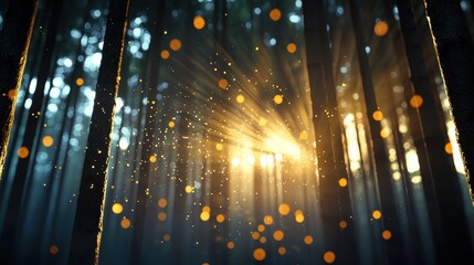 Poster - Golden light beams piercing through a dense forest canopy, illuminating particles of dust and creating a magical, ethereal atmosphere.