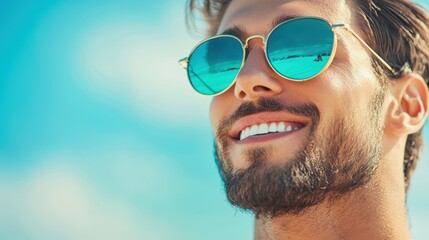 Poster - A man with healthy, sun kissed skin enjoying a day at the beach, his face radiating vitality and happiness.