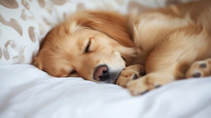 Poster - Adorable Golden Retriever Puppy Sleeping Peacefully on Soft White Bedding in Cozy Home : Generative AI
