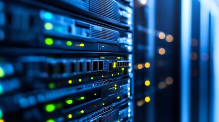 Fototapete - Close up view of modern server racks with illuminated lights in a data center : Generative AI