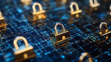 Leinwandbilder - Golden locks on a blue digital background symbolizing cybersecurity and protection : Generative AI