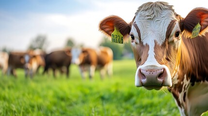 Poster - Close Up of a Curious Cow in a Grassy Pasture with Bokeh Effect in the Background : Generative AI
