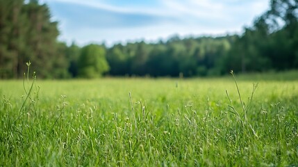 Poster - Lush green meadow under a bright blue sky filled with blooming grass and scattered trees in a peaceful landscape : Generative AI