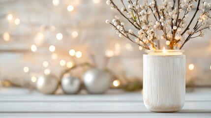 Fototapete - Elegant candle arrangement with branches and soft glowing lights creating a cozy and warm atmosphere : Generative AI