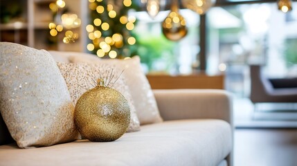 Aufkleber - Elegant gold Christmas ornament on cozy sofa adorned with sparkling lights in a modern living room : Generative AI