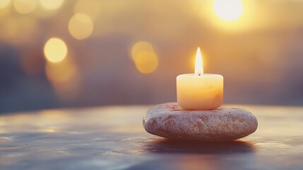 Poster - Calming candle placed on a smooth stone in a serene outdoor setting during sunset : Generative AI