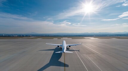 Aufkleber - Passenger aircraft taxiing on a modern airport runway under a bright sun and clear blue skies : Generative AI