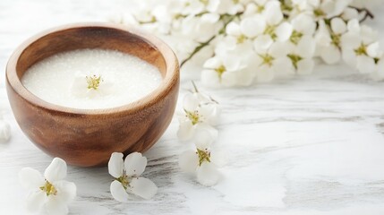 Aufkleber - Natural Organic Sugar Scrub in Wooden Bowl Surrounded by Delicate White Flowers and Spa Decor : Generative AI