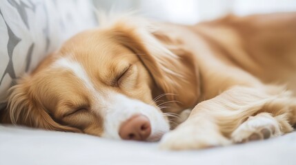 Poster - Golden Retriever Sleeping Comfortably on Soft Bedding in a Peaceful Indoor Setting : Generative AI
