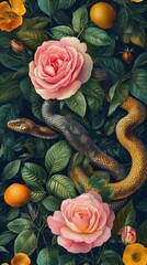 Wall Mural - Vintage maximalist wallpaper with rose snake roses art.