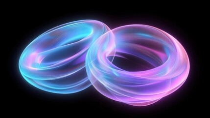 Poster - Abstract twisted torus structures in neon blue and pink light against black background