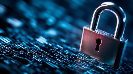 Poster - Macro shot of a silver padlock on a dark computer interface emphasizing privacy and security : Generative AI