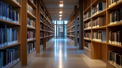 Poster - Contemporary library interior showcasing neatly arranged bookshelves and inviting reading spaces : Generative AI