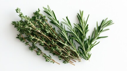 Poster - Fresh sprigs of rosemary and thyme, placed in a cluster on a clean white surface.