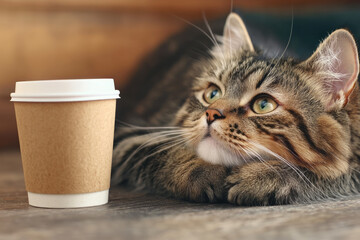 Wall Mural - A small cappuccino cup in front of the cat, whose refined posture and half-lidded eyes reflect a