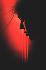 Wall Mural - A near-silhouette of a womanâ€™s face, her eyes gently closed while glowing red tendrils extend